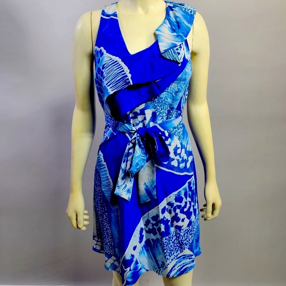 Beautiful Royal Blue Silk Floral Wrap Dress
